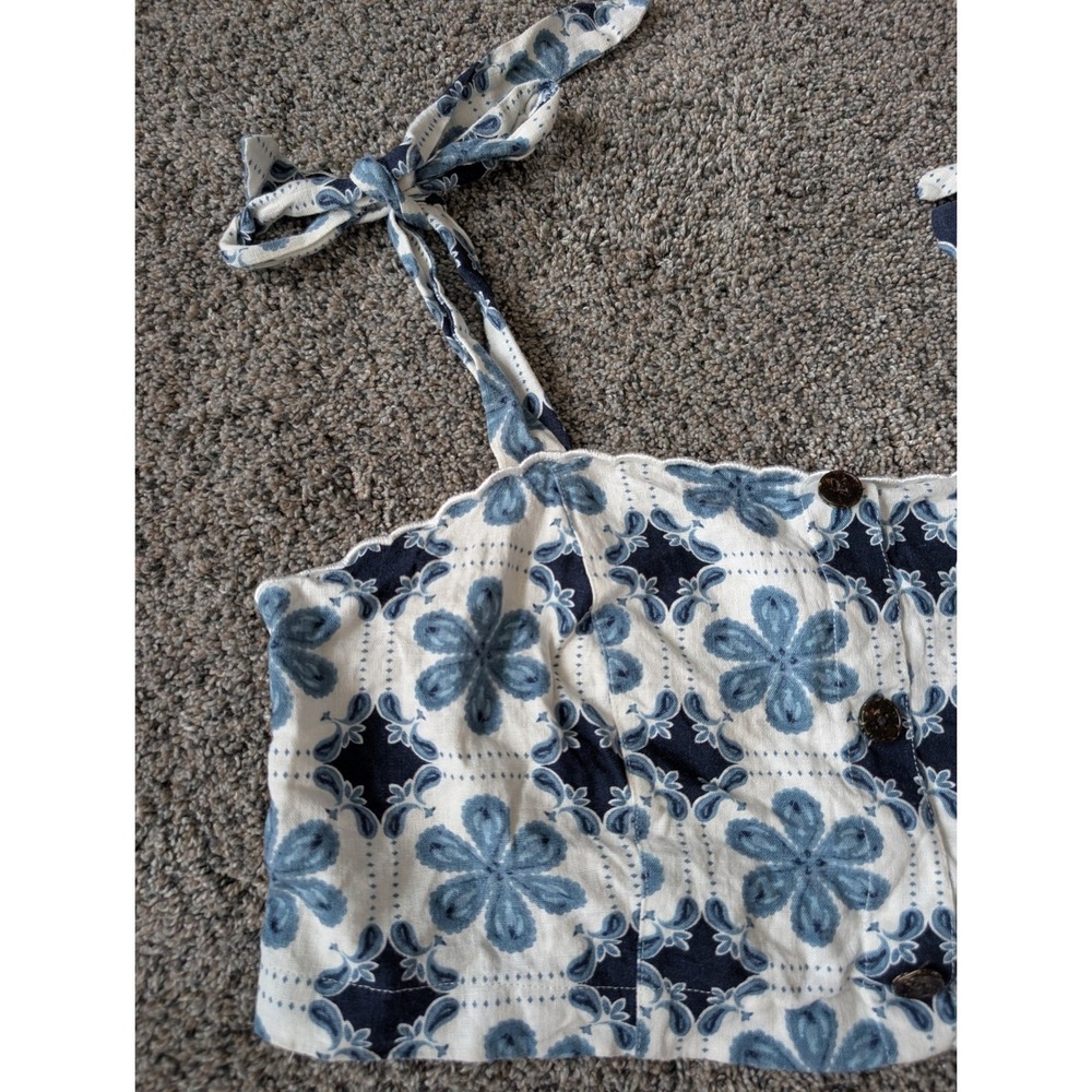 Agua Bendita x Target Blue Floral Scalloped Tie Strap Smocked‎ Crop Top XL - Picture 5 of 5